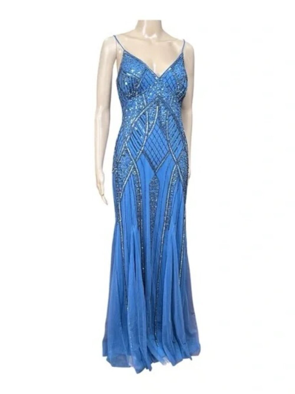 Jump Apparel Blue Beaded Dazzling Sequin Spaghetti Strap Gown Women’s Size 9/10 - Picture 5 of 13